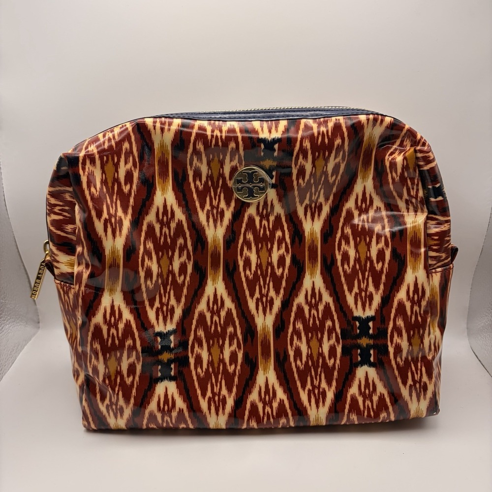 Tory Burch Multicolor Red Ikat Logo Cosmetic Case Makeup Travel Bag